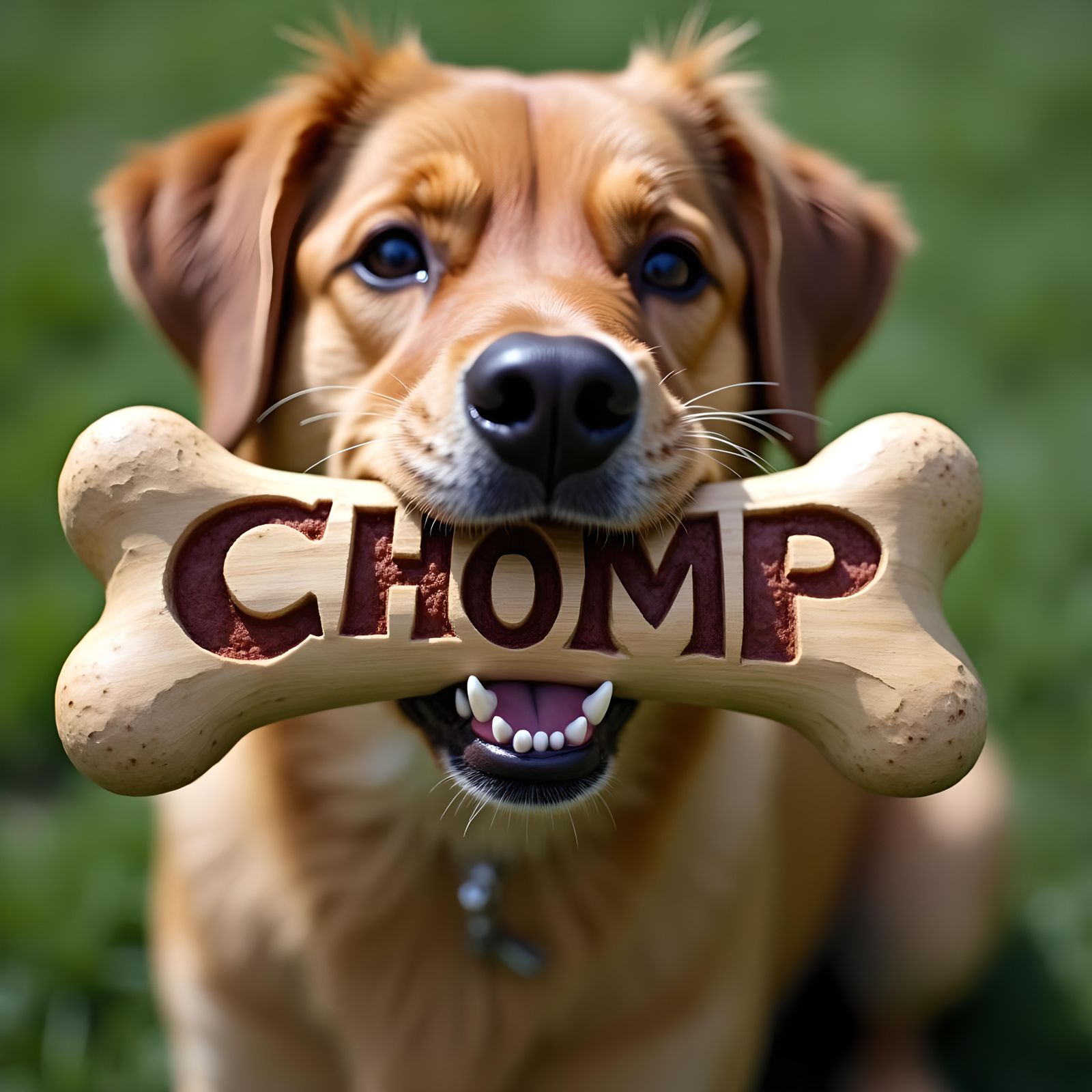 Close-Up of Dog Chomping Bone in Backyard