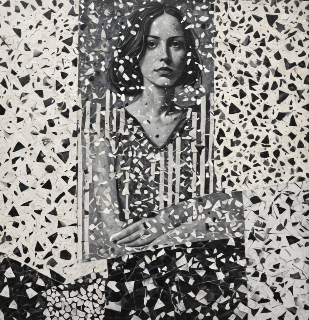 Monochrome Painting of Woman and Still Life with Textures