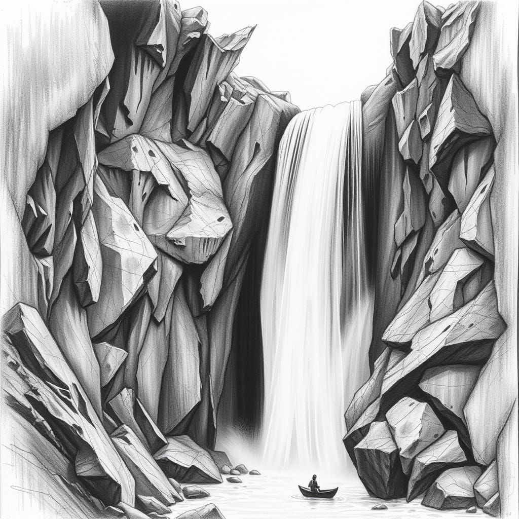 Serene Charcoal Waterfall in Hyper-Realistic Style