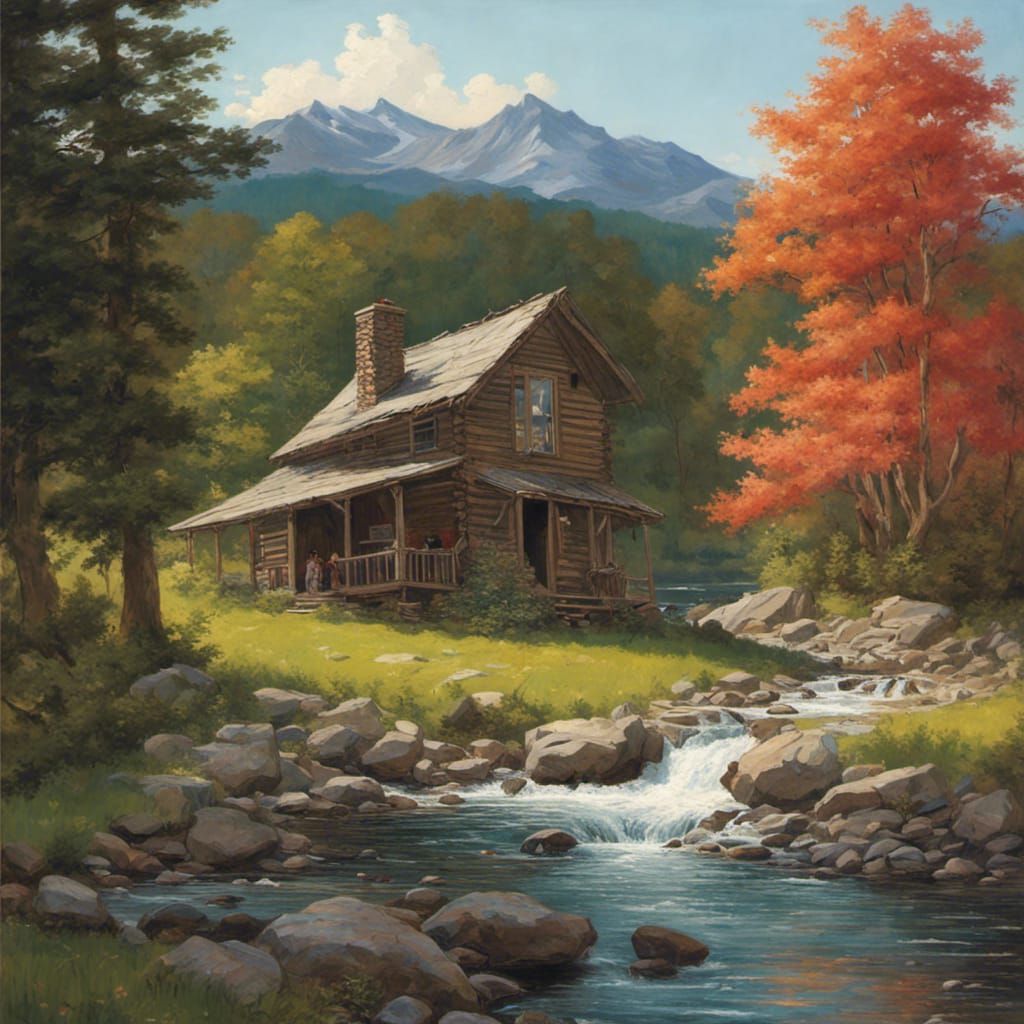 Fish Leaping Near Cabin: Hyperdetailed Wide Angle