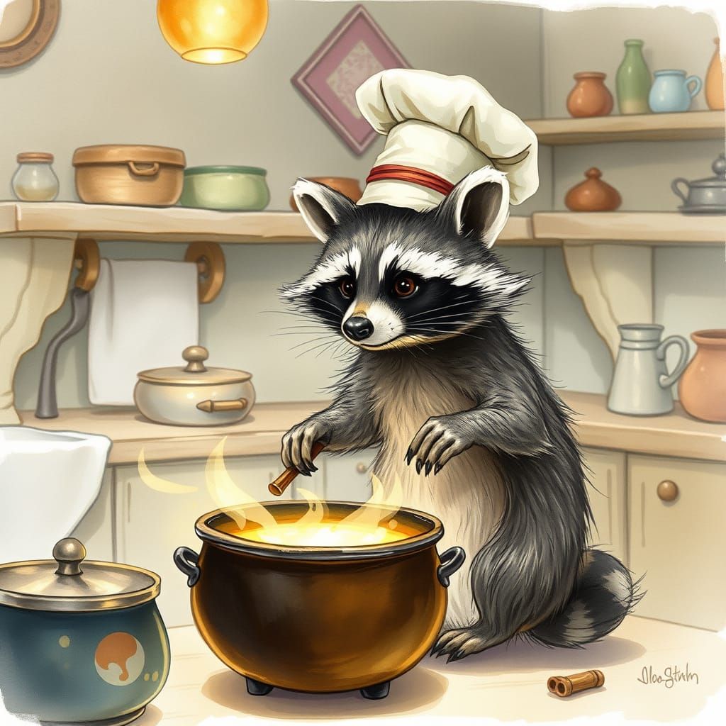 Whimsical Raccoon Chef in Watercolor Kitchen Scene