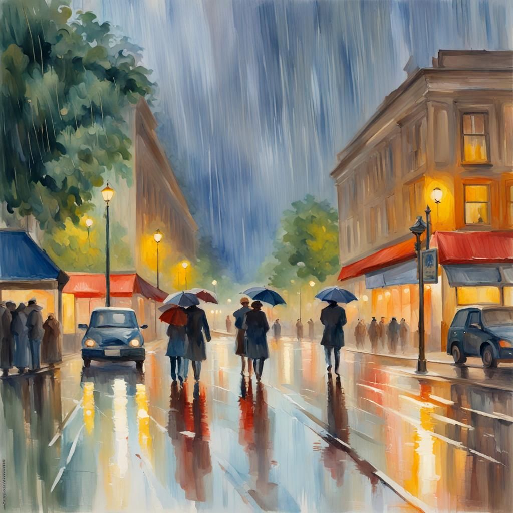 Rainy Scene in Gouache Style Impressionist Painting