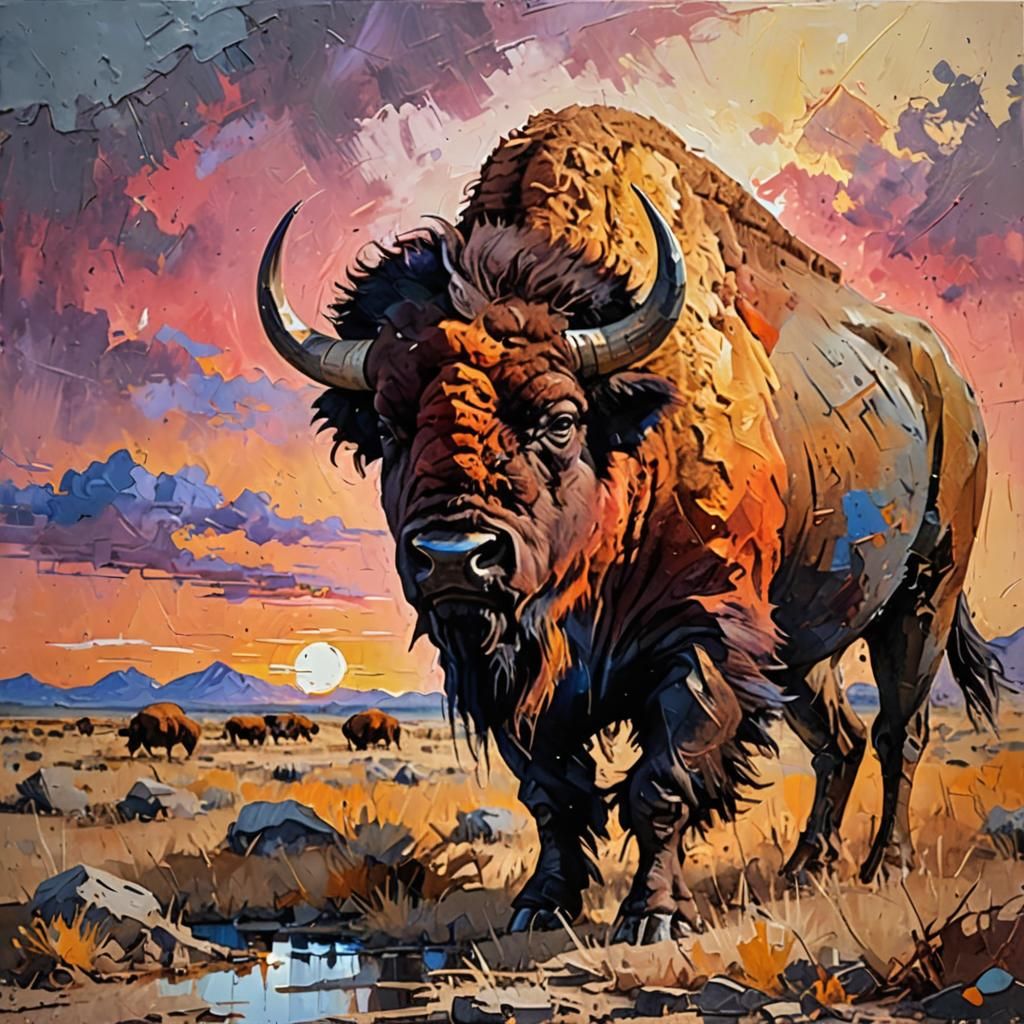 Bison at Sunset: Abstract Palette Knife Painting