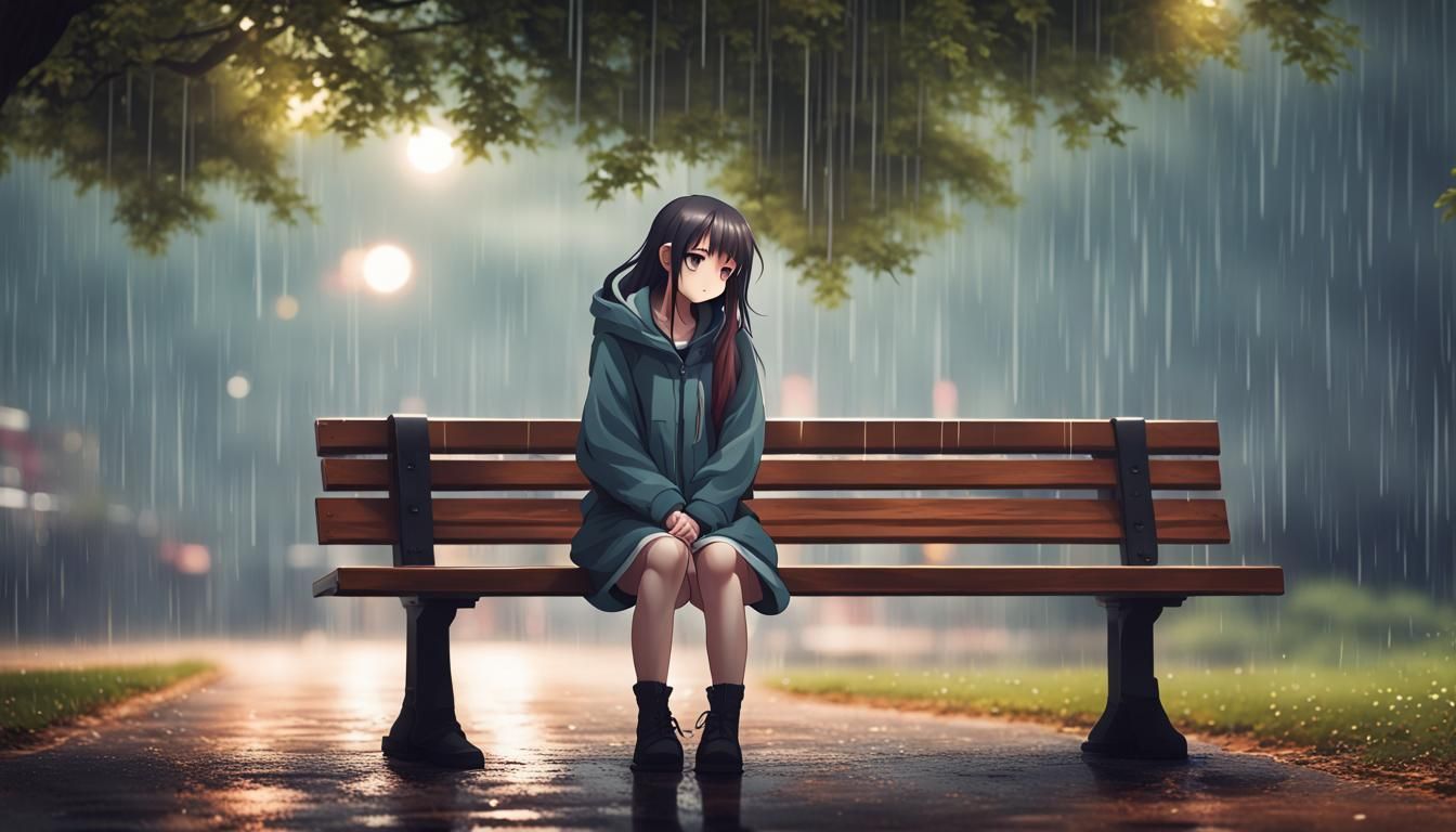 Sad Anime Girl in Rainy Park Scene