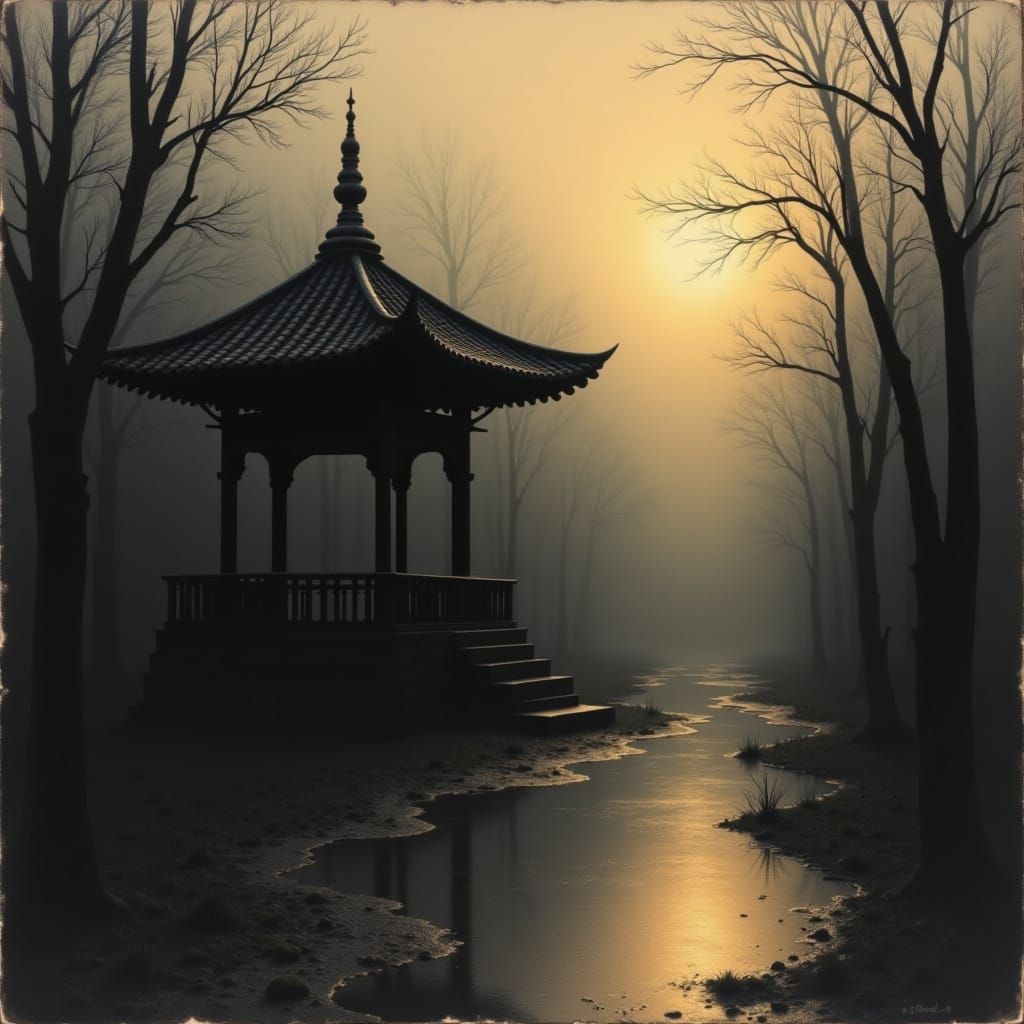 Japanese Pavilion in Golden Light with Heavy Shadowing