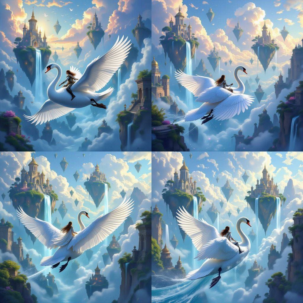 Explorer Rides Swan Over Floating Islands in Fantasy Art