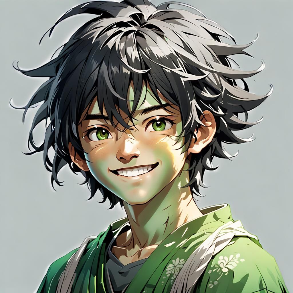 Detailed Portrait of Smiling Boy in Ukiyo-E Style