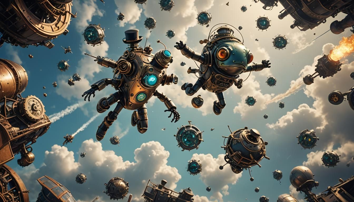 Steampunk Robot Frog Skydiving into Another Dimension