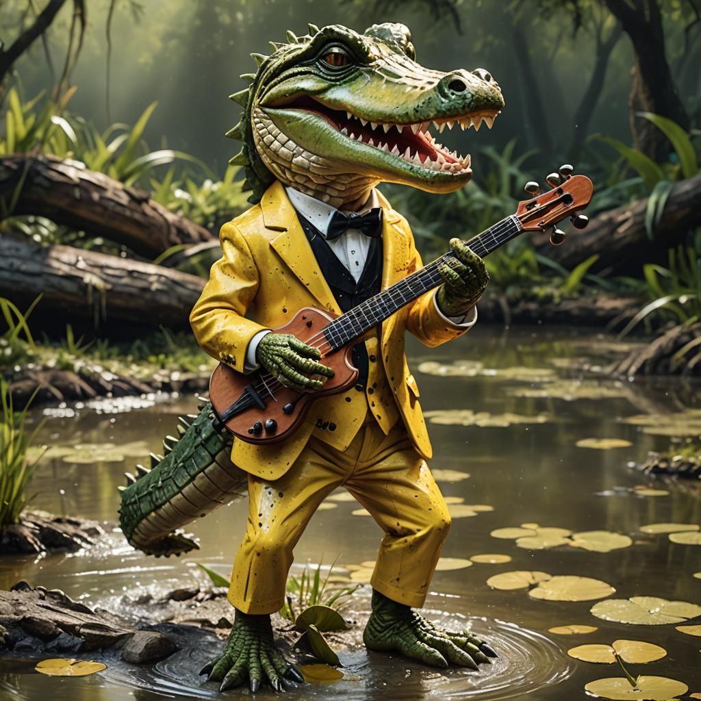 Crocodile Rockstar in Swamp: A Hyperrealistic Portrait