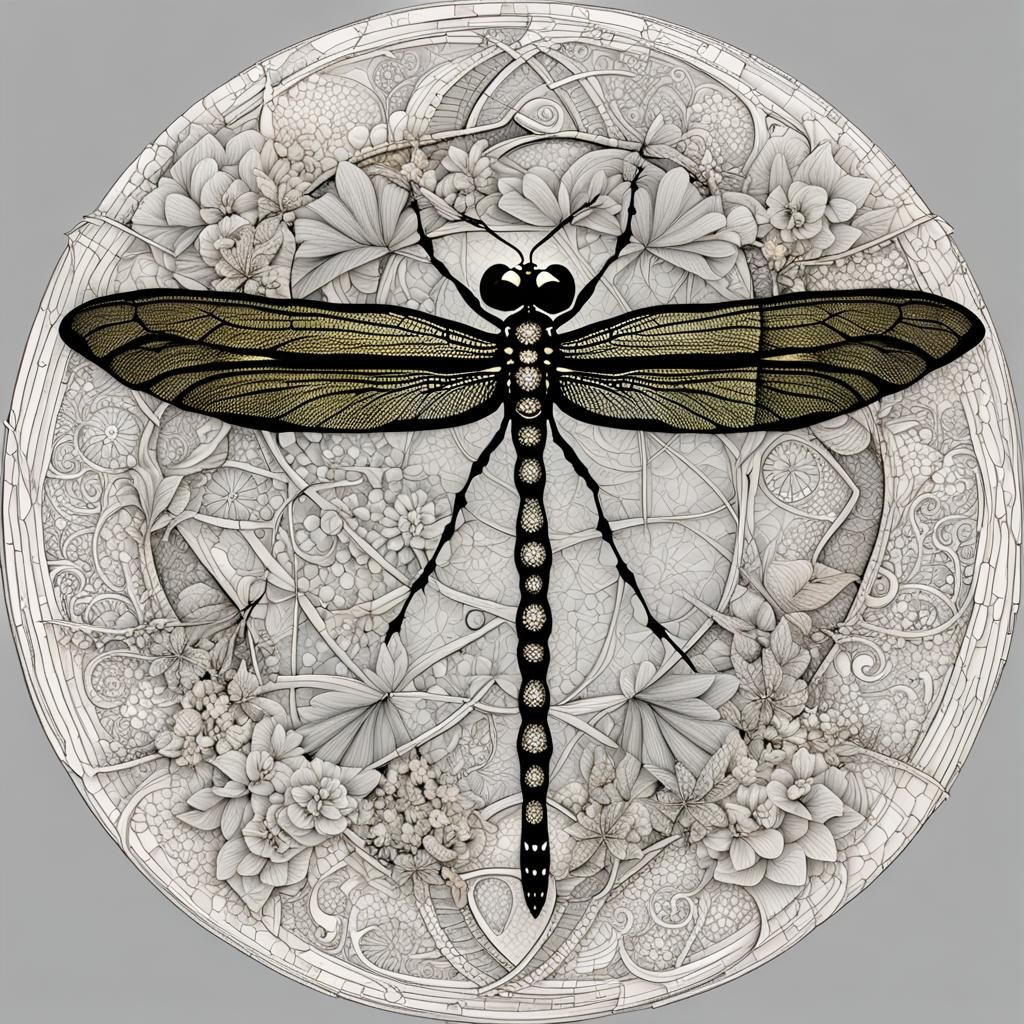 Intricate Dragonfly with Quantum Zentangle Details