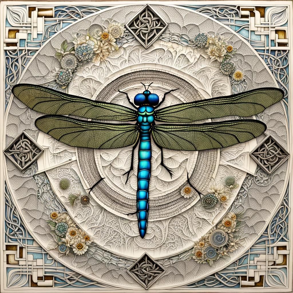 Detailed Dragonfly with Quantum Zentangle Elements