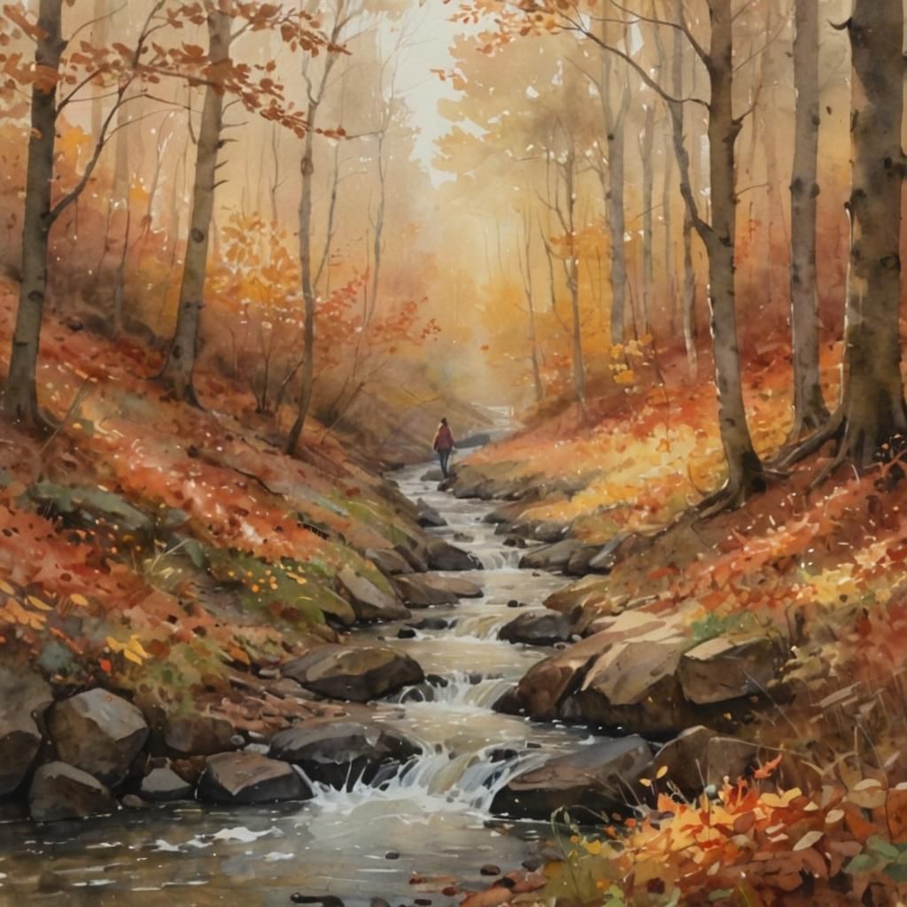 Watercolor Autumn Walk in Forest with Sunlight