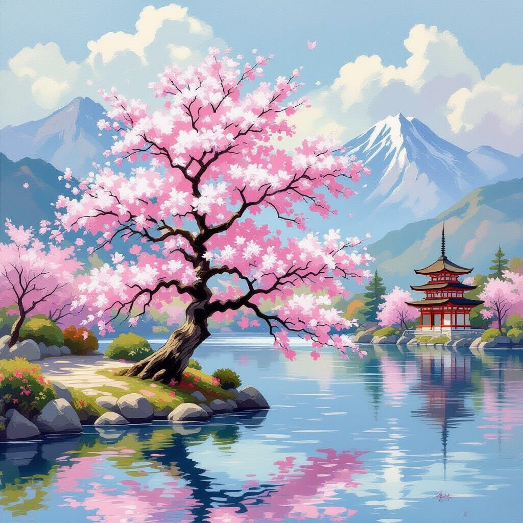 Impressionist Sakura Tree by Lake with Temples