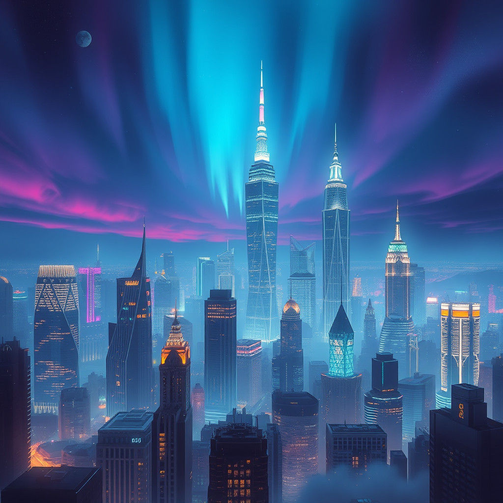 Dreamlike Metropolis with Glowing Skyscrapers