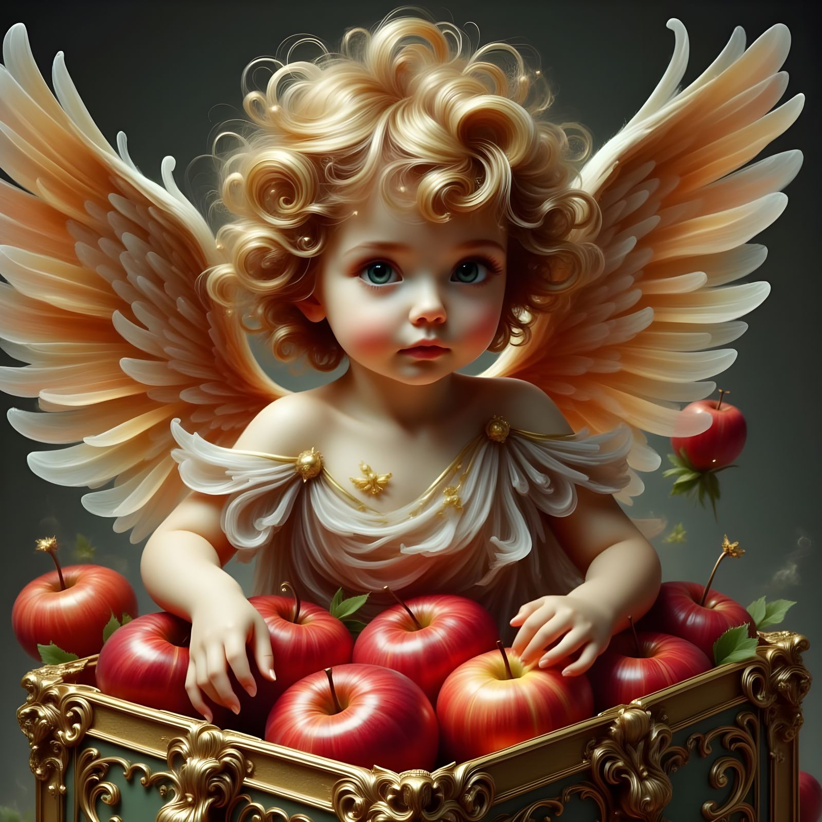 Cherub Guarding Apples in Golden Treasure Chest