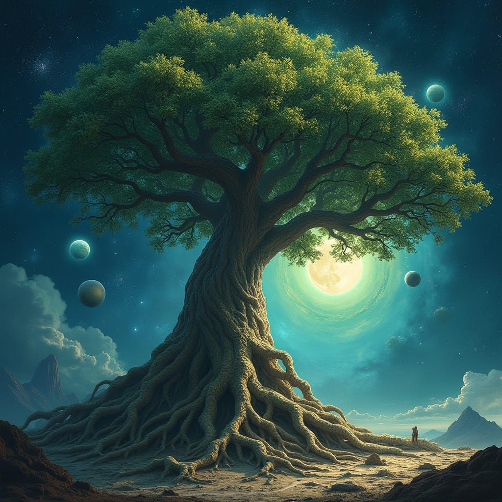 Cosmic Tree With Bioluminescent Leaves and Planet-Cradling B...