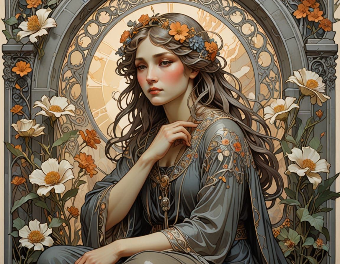 Serene Art Nouveau Goddess in Cemetery Glory