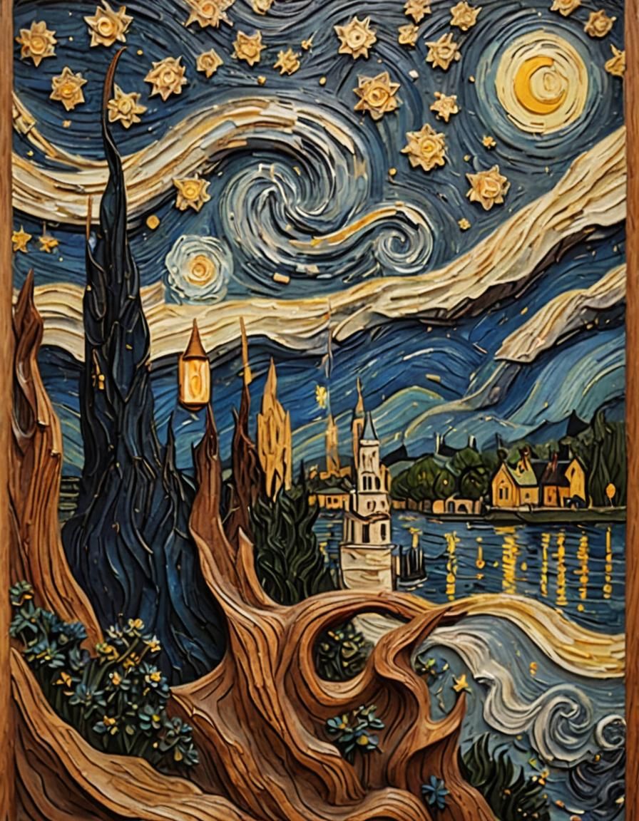 Starry Night Wood Carving: Van Gogh Masterpiece