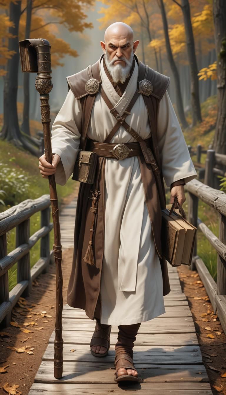 Fighting Cleric on Wooden Trail in Warcraft Style