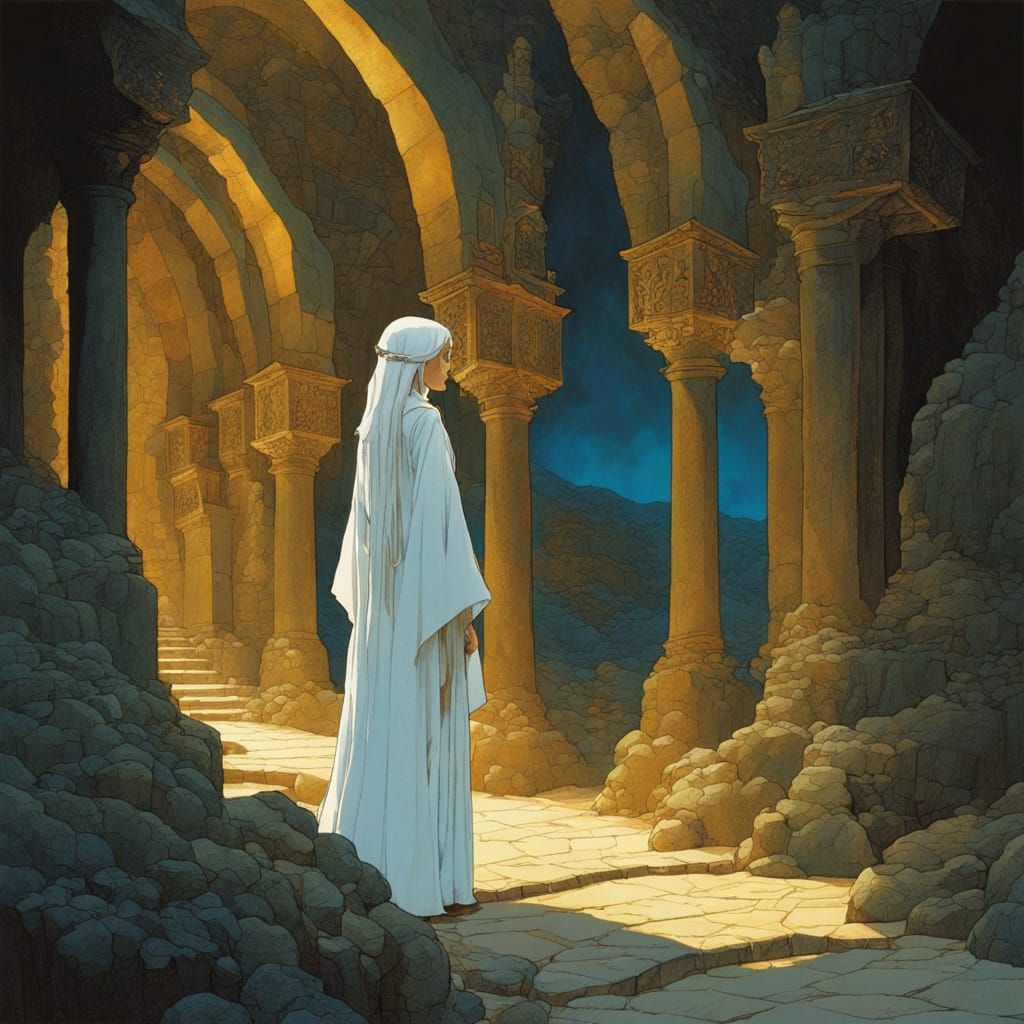 Girl in White Robes in Stone Desert
