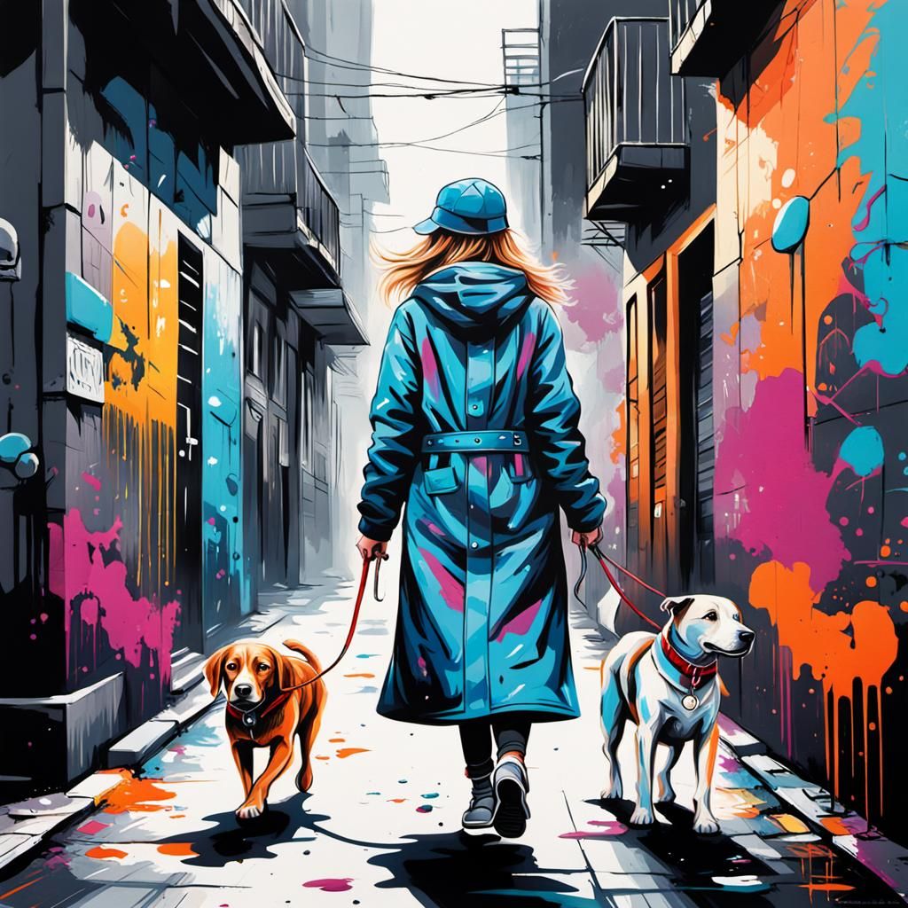 Colorful Graffiti Art of Lady Walking Dog