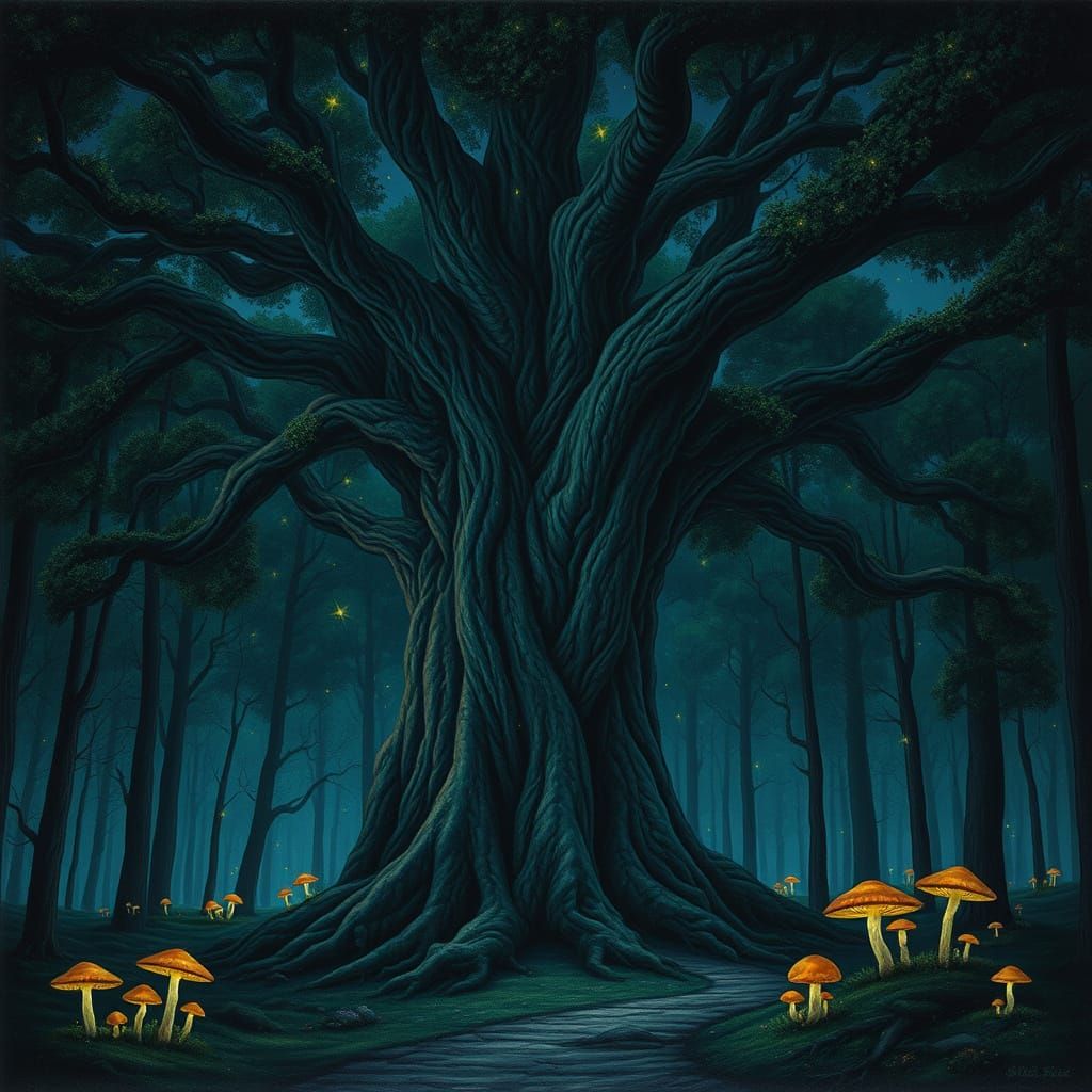 Twilight Forest with Glowing Mushrooms in Surreal Style