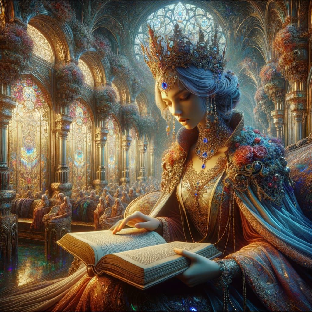 Royal Woman Contemplating Scripture in Opulent Setting