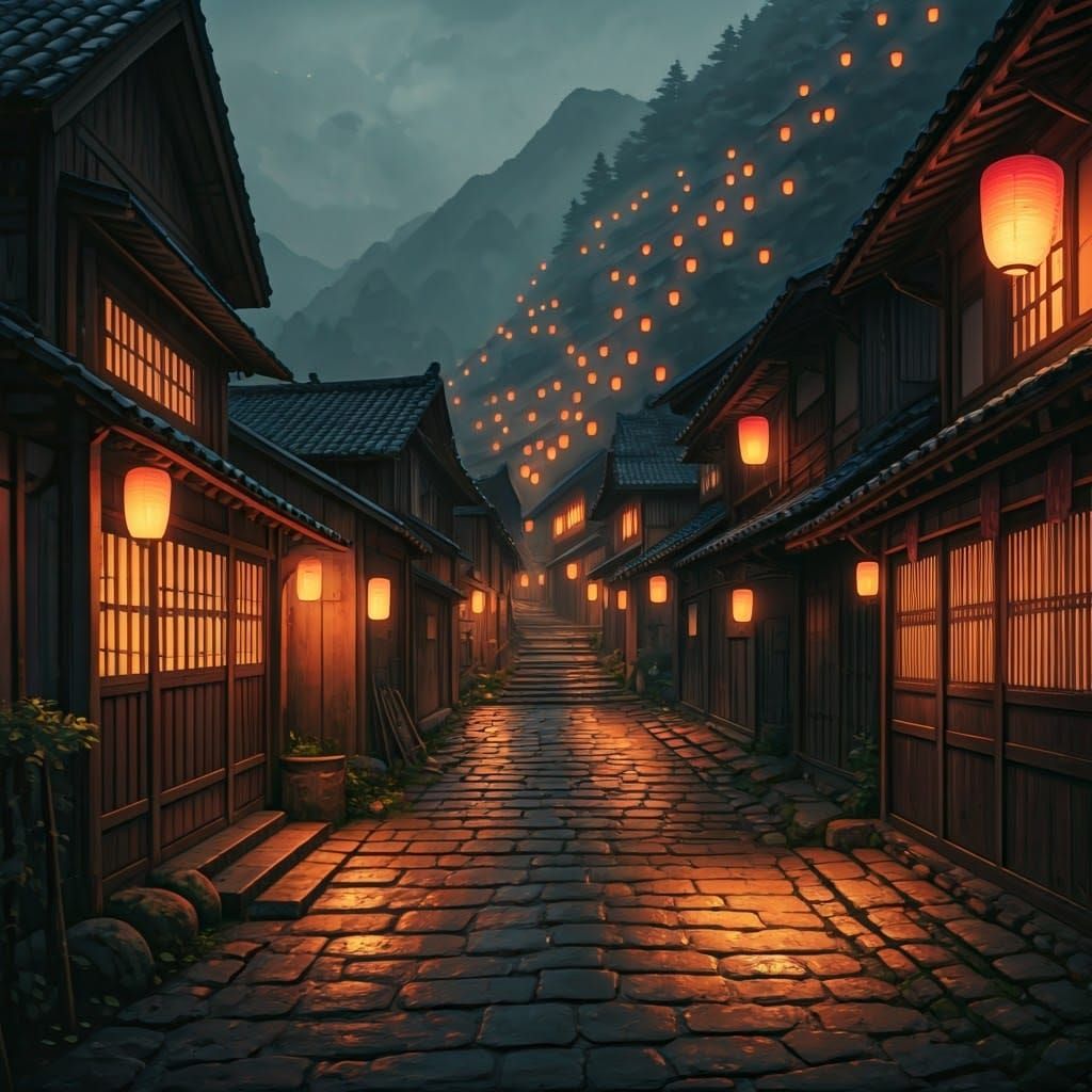 Mystical Mountain Village under Softly Glowing Lanterns