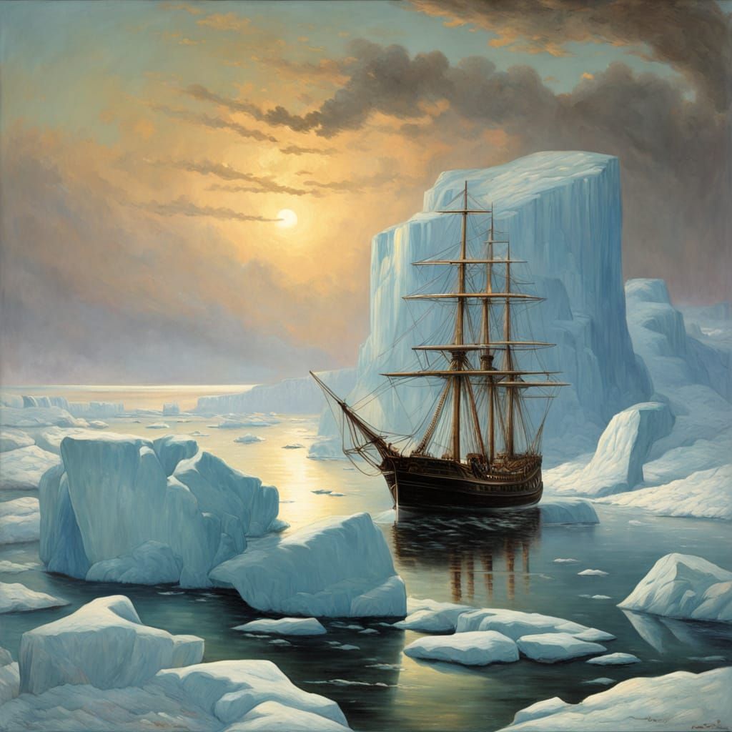 Majestic Icebergs and Ship in Arctic Landscape