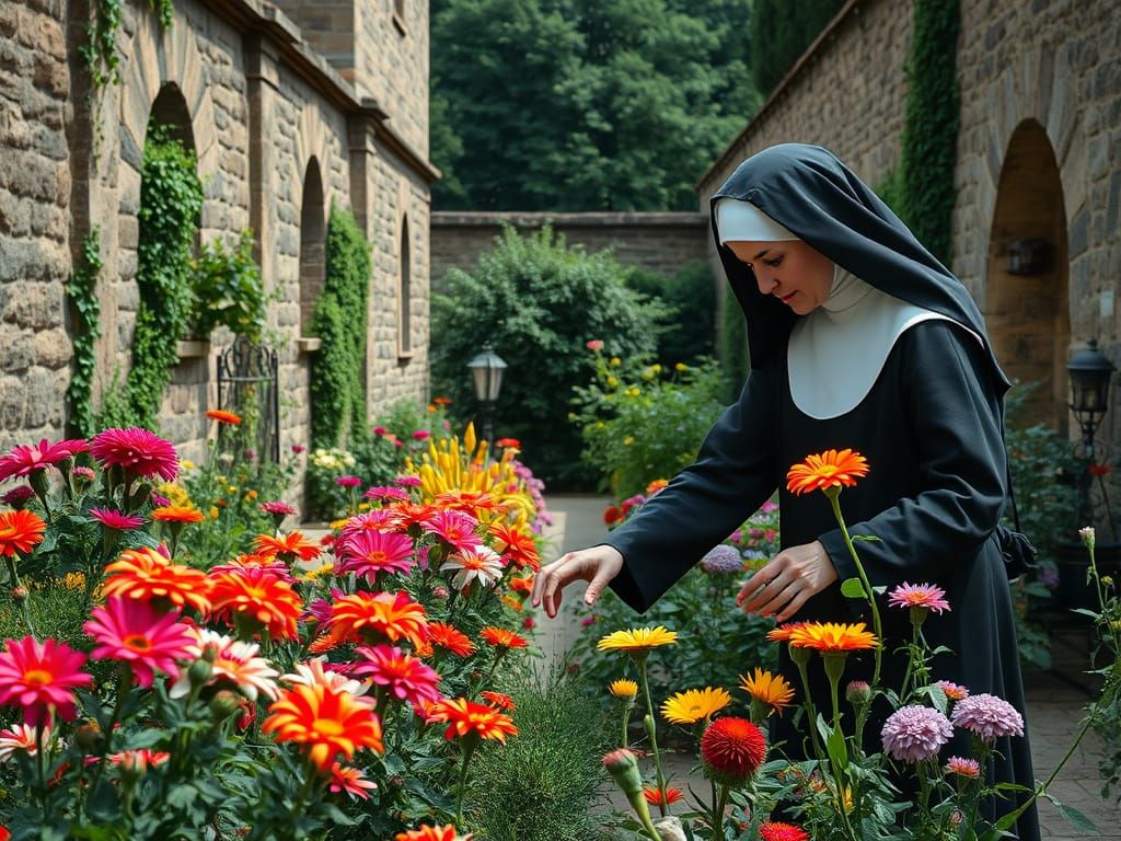 Nun Tending Flowers in Serene Garden
