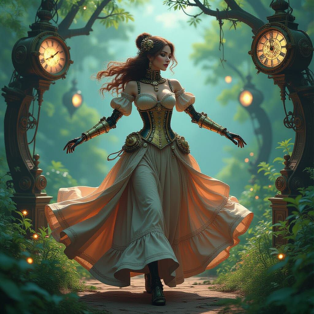 Steampunk Automaton Dances in Bioluminescent Garden