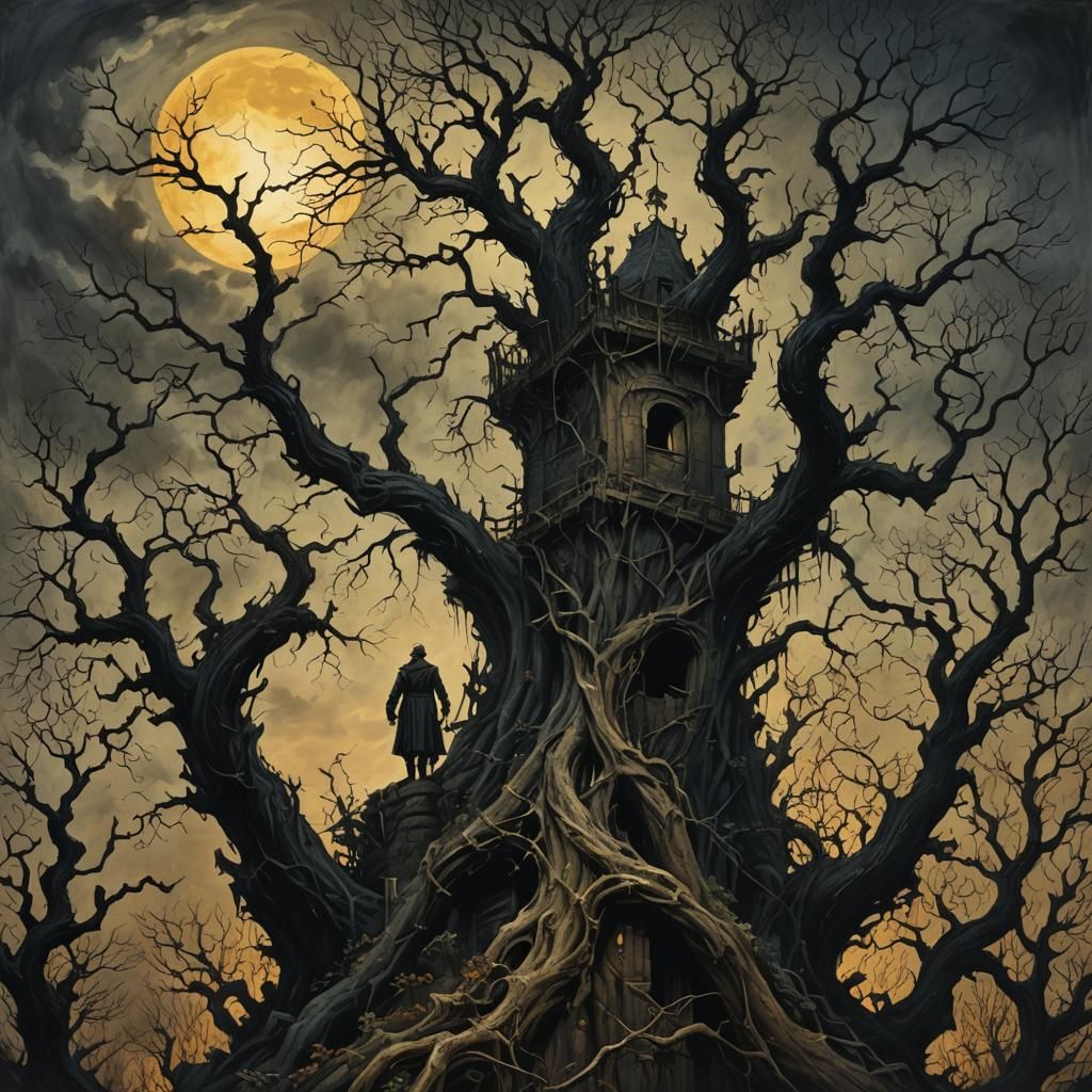 Eerie Watchtower Scene Inspired by Gustave Doré