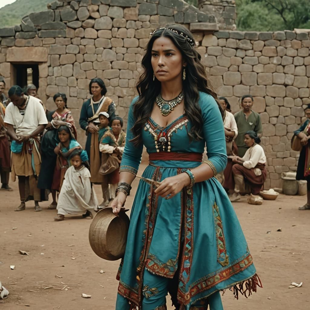 Native American Woman in Traditional Regalia, Carrying Child...