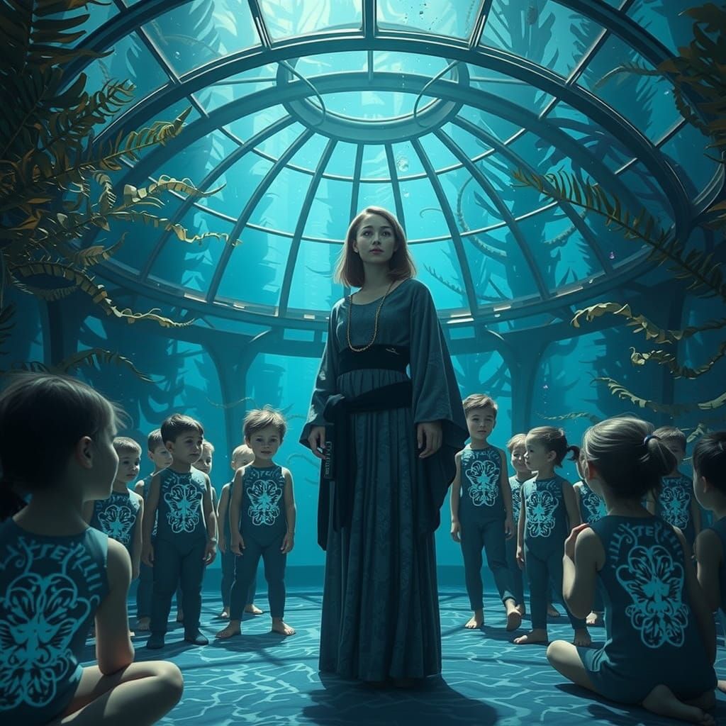Underwater Classroom Scene with Bioluminescent Sci-Fi Wetsui...