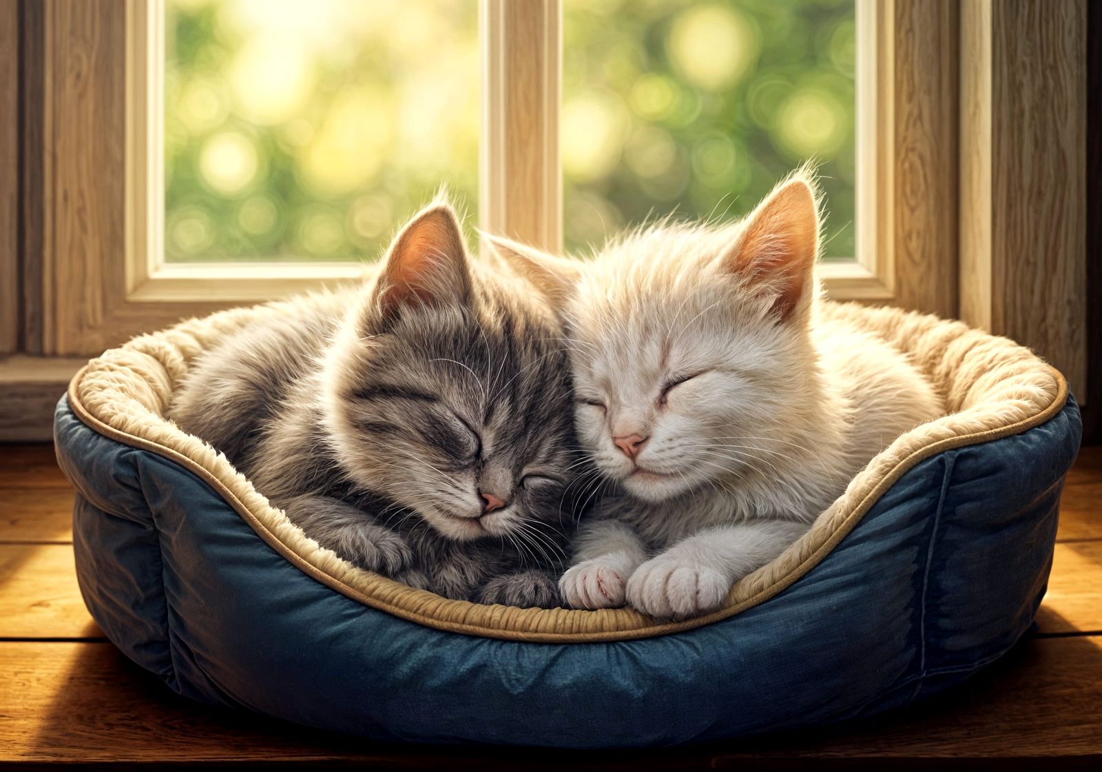 Cute Kittens Sleeping in Bed on Summer Day