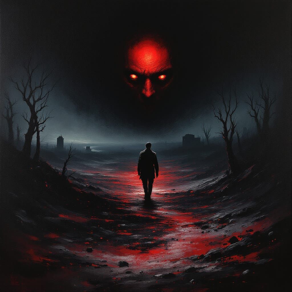Traumatized Soldier in Dark Abyss: Beksiński-Inspired Oil Pa...