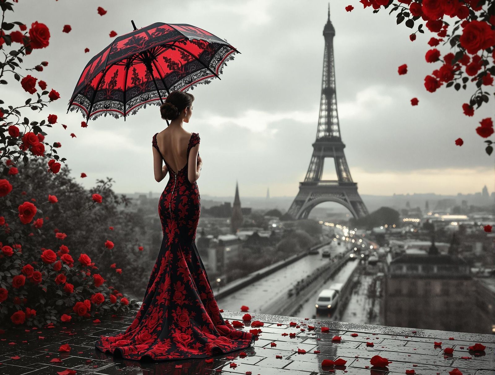 Eiffel Tower View: Woman with Red Umbrella in Paris