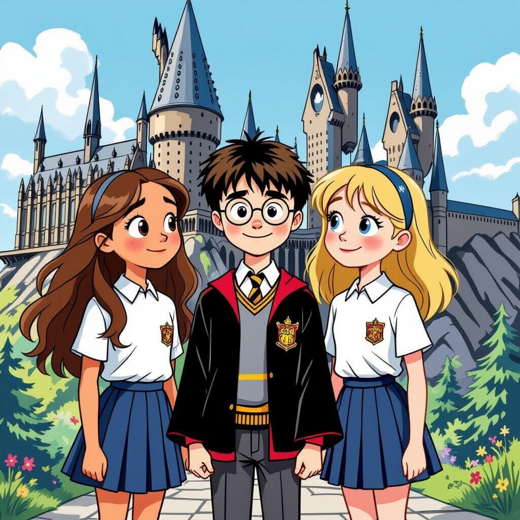 Harry Potter with Two Girls in Illustrated Style