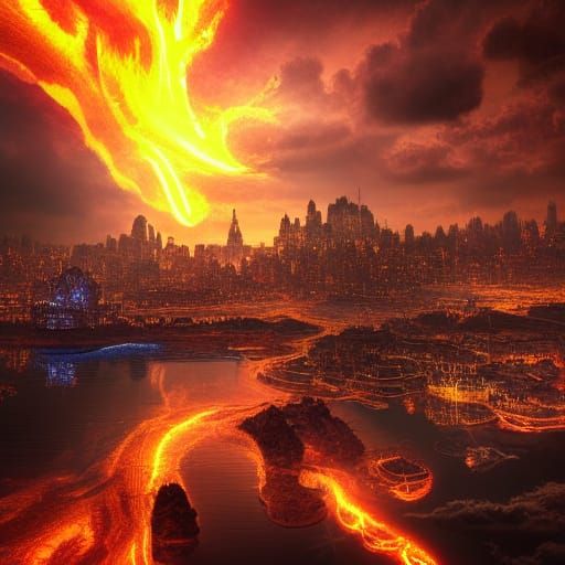 Glowing City by Fire Lake: Digital Matte Painting