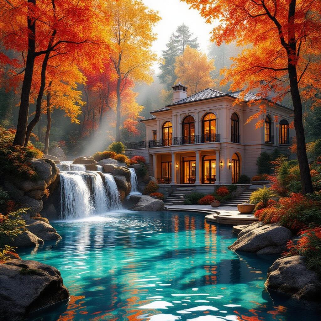 Elegant Villa in Autumn Forest with Waterfall