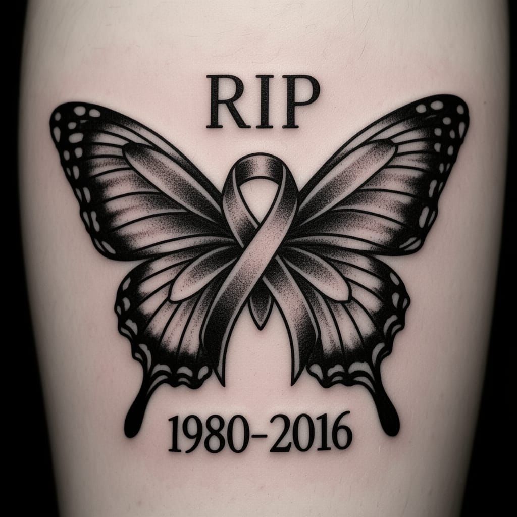 Black Ink Tattoo Design: RIP 1980-2016 Butterfly Ribbon