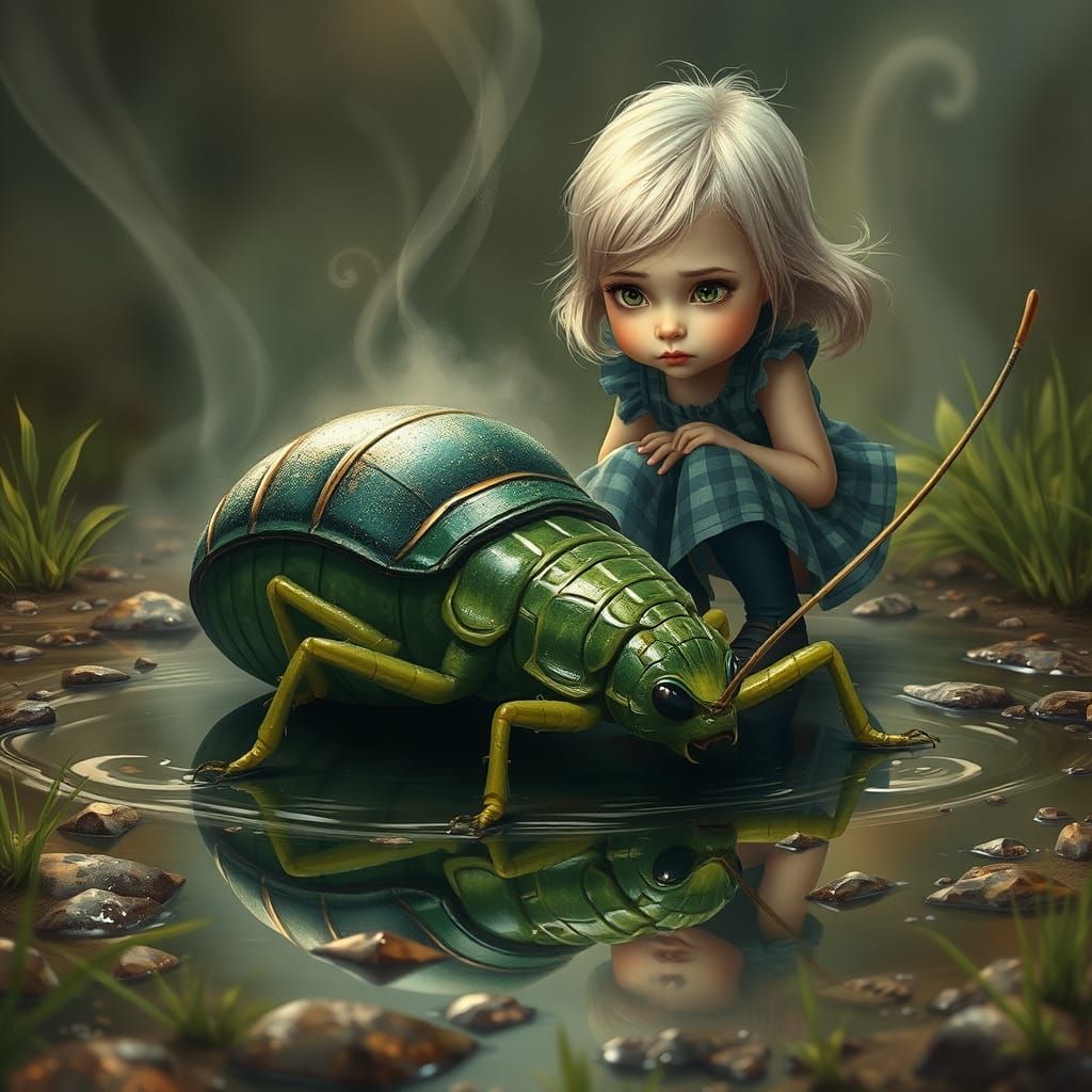 Child Encounters Giant Cricket in Dreamlike Setting
