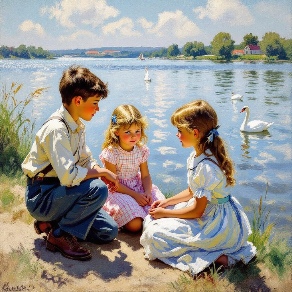 Children Playing by Lake in Impressionistic Style