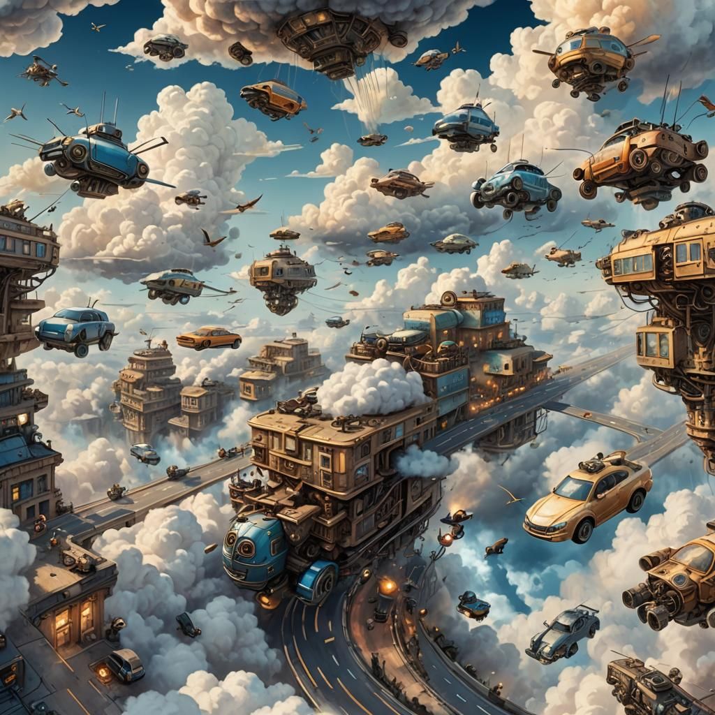 Steampunk Cloud Road with Flying Cars in Watercolor