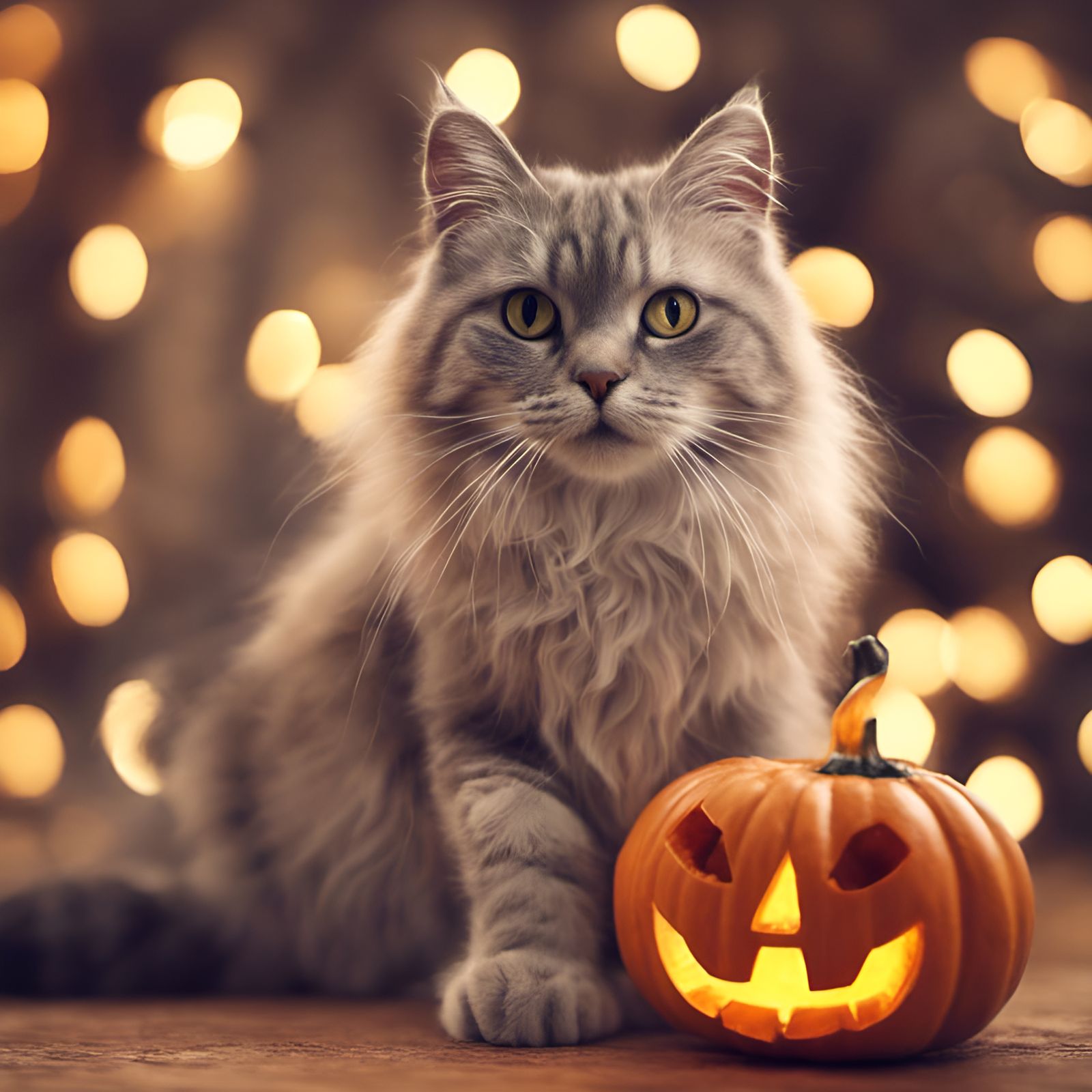 Halloween Cat with Jack-o'-Lantern in Photo-Realistic Style