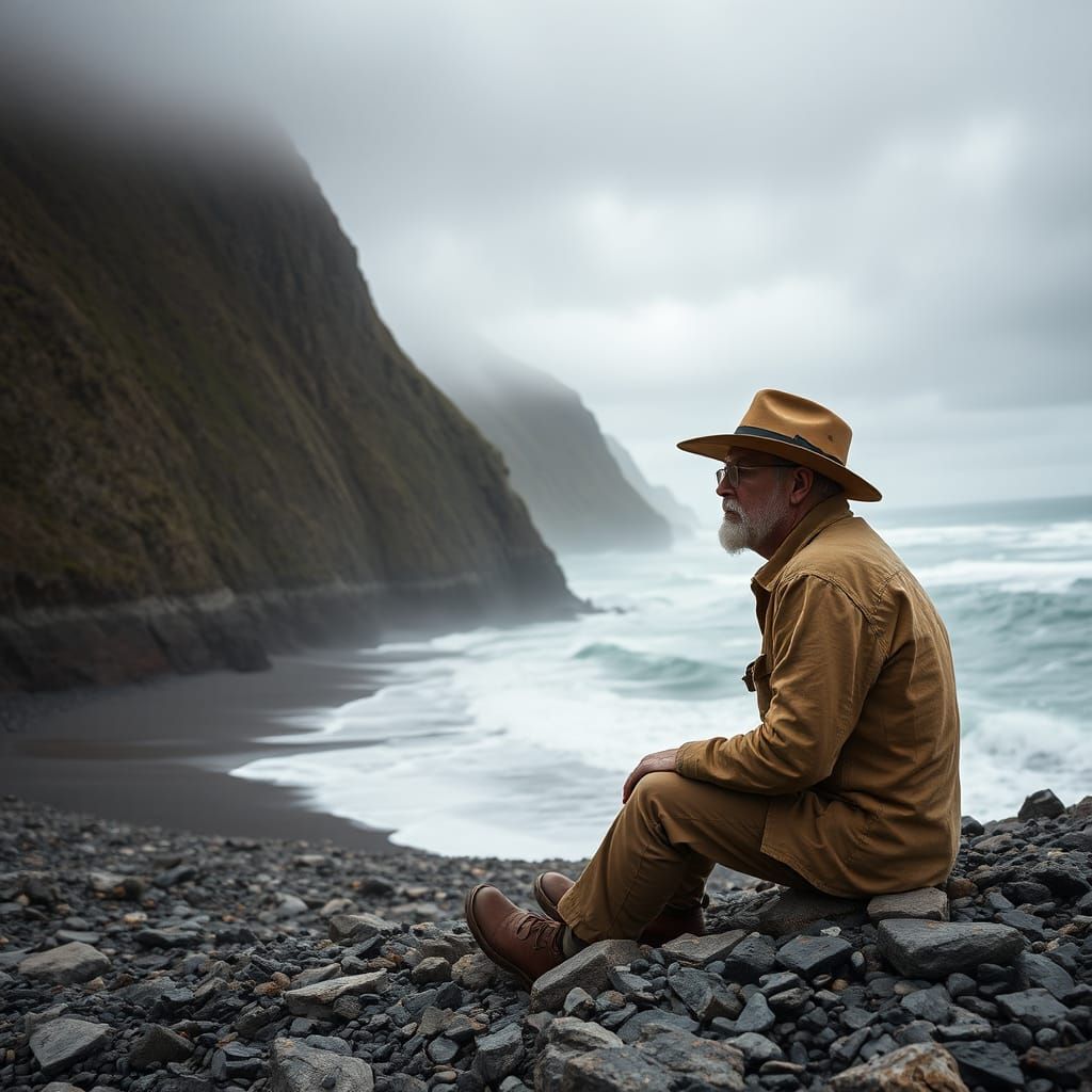 Geologist Contemplates Turbulent Sea as Cinematic Film Still