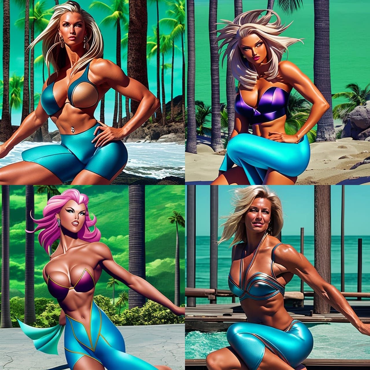 American Bodybuilder in Anime Style on Sunset Beach