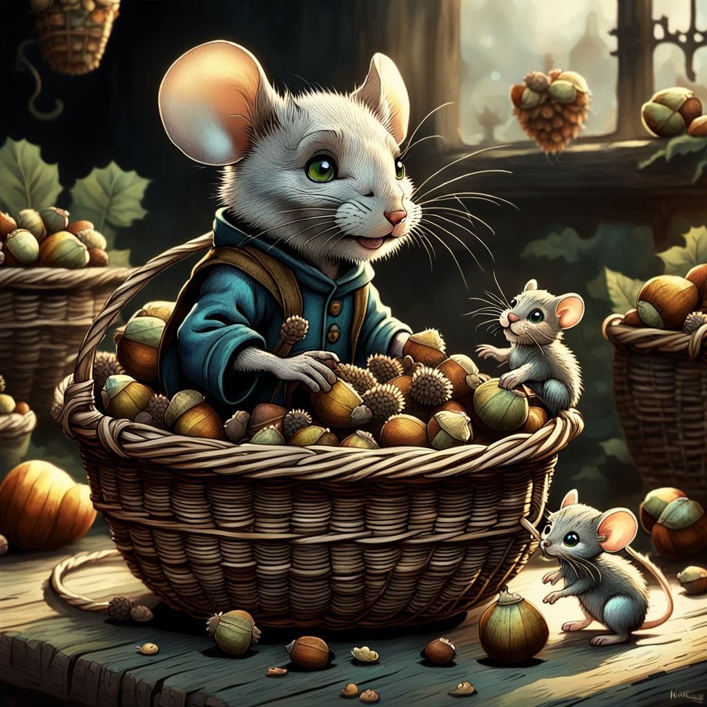 Mouse and Kitten Storybook Illustration in Detailed Matte Pa...