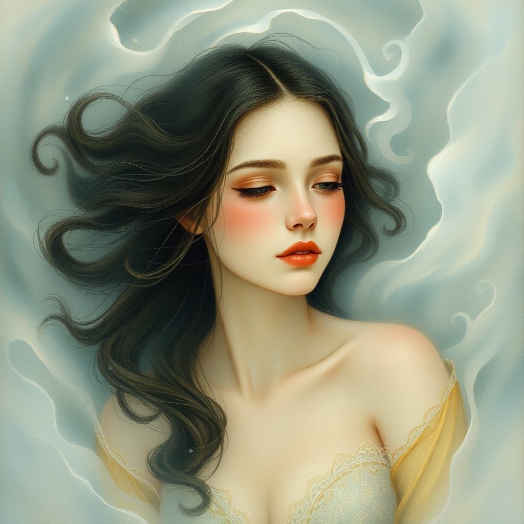 Ethereal Water Nymph with Flowing Tresses and Diaphanous Gow...