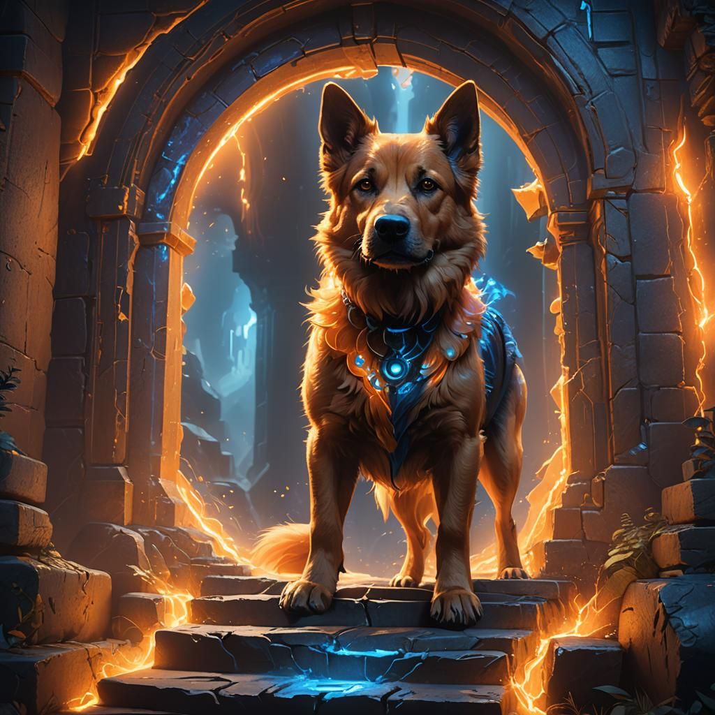 Dog Stepping Through a Glowing Fantasy Portal